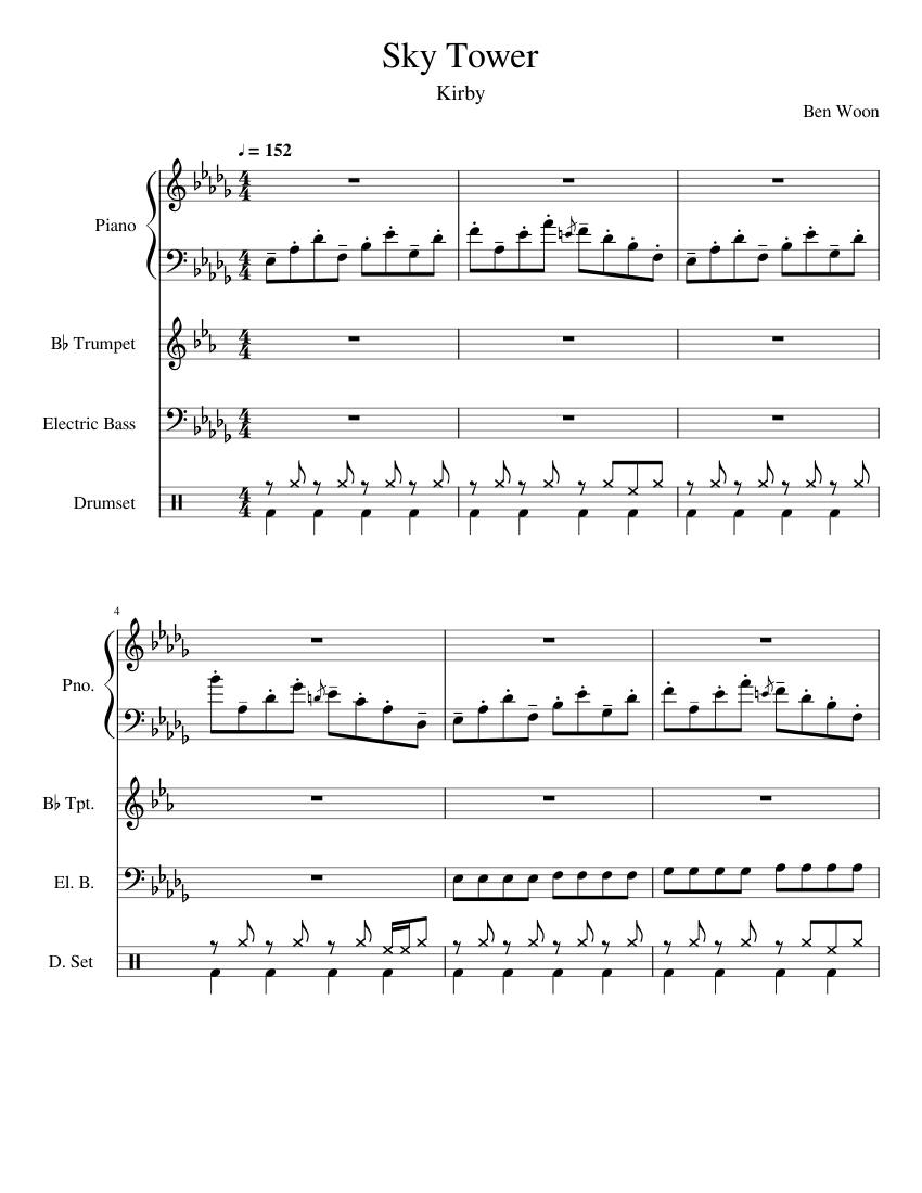 Kirby - Sky Tower Remix (WIP) Sheet music for Piano, Trumpet in b-flat,  Bass guitar, Drum group (Mixed Quartet) 