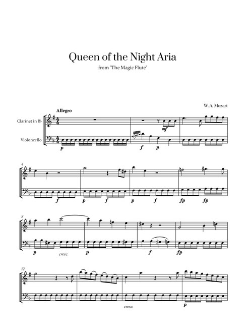 W. A. Mozart - Queen of the Night Aria for Clarinet and Cello (Arr. Cadenza Editions) - W A Mozart (Instrumental Duet)
