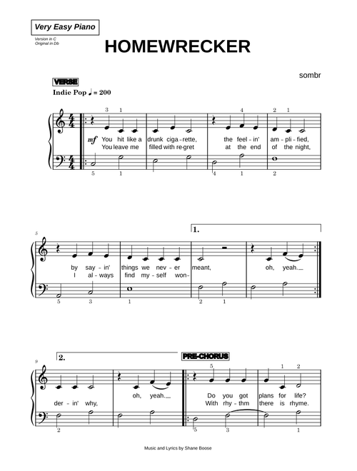 Homewrecker - sombr (Very Easy Piano)