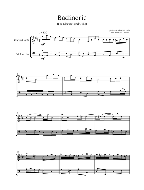 Badinerie by J. S. Bach (For Clarinet and Cello ) (Arr. Henrique Oliveira) - Johann Sebastian Bach (Instrumental Duet)