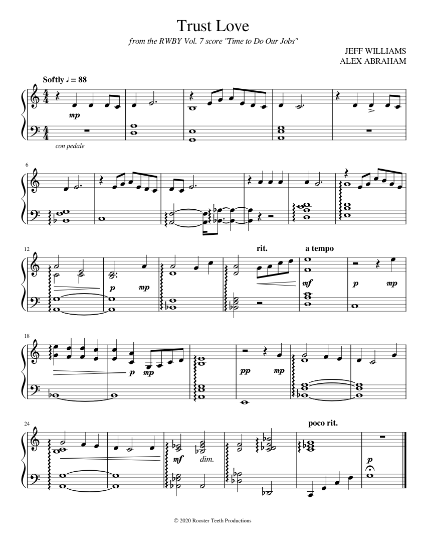 RWBY Trust Love (Volume 7 Time to Do Our Jobs BGM) Sheet music for