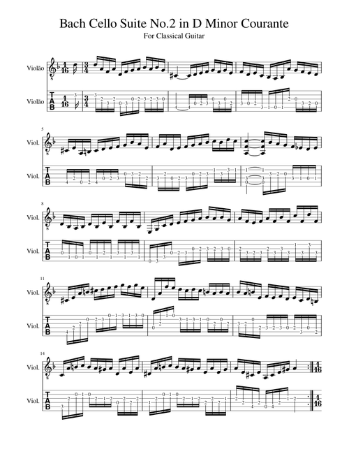 Bach Cello Suite No.2 in D Minor Courante (For Classical Guitar)+TAB