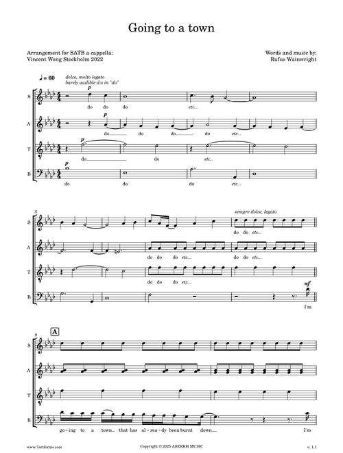 Going To A Town (Arr. Vincent Wong) - Rufus Wainwright (Choral, SATB)