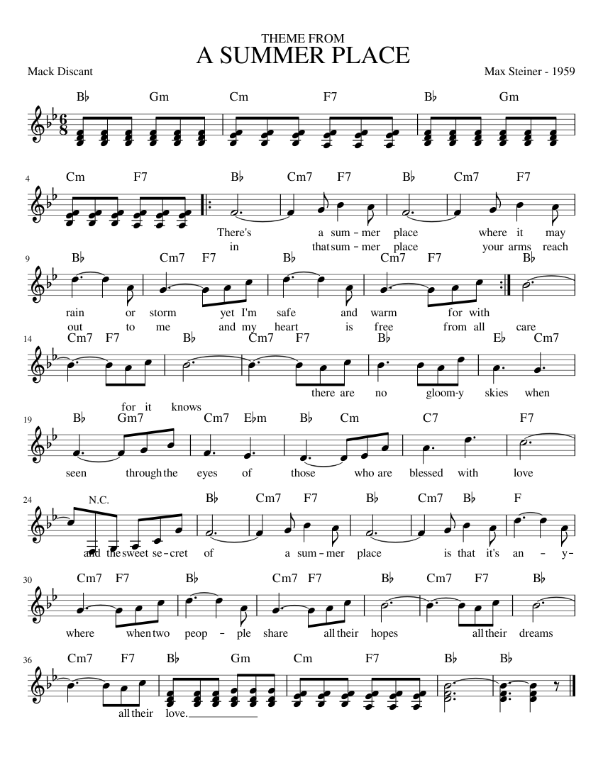 A Summer Place (Leadsheet) Sheet music for Piano (Solo) | Musescore.com