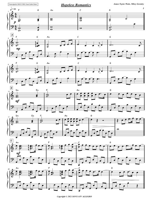 Hopeless Romantics (Arr. juan carlos esteve / Gran Coda) - James Tw (Easy Piano)