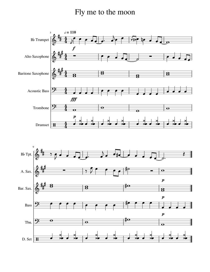 Fly me to the moon Sheet music for Trombone Saxophone alto Saxophone baritone Trumpet in b flat more instruments Mixed Ensemble Musescore