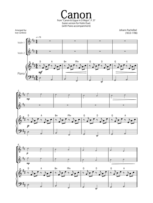 "Canon" by Pachelbel - Beautiful EASY version for VIOLIN DUET and PIANO (with chord symbols) (Arr. Iury Cardoso) - Johann Pachelbel (Instrumental Duet and Piano)