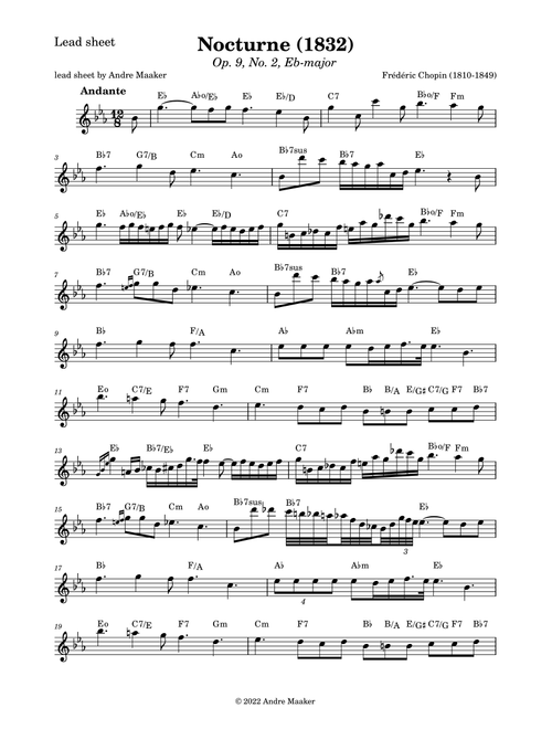 Frederic Chopin - Nocturne in E-flat major, Op.9, No.2 - lead sheet (Arr. Andre Maaker) (Lead Sheet - Fake Book)