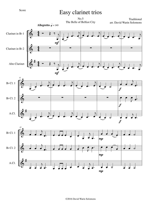 The Belle of Belfast city (I'll tell my ma) for clarinet trio (2 B flats and 1 Alto) (Arr. David Warin Solomons) - Traditional (Woodwind Ensemble)