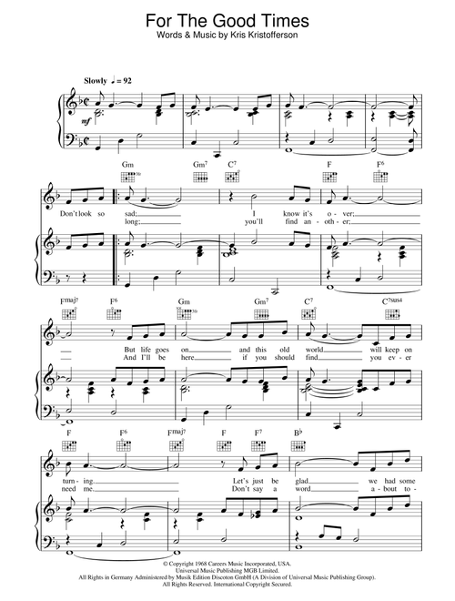For The Good Times - Kris Kristofferson (Piano-Vocal-Guitar (Piano Accompaniment))