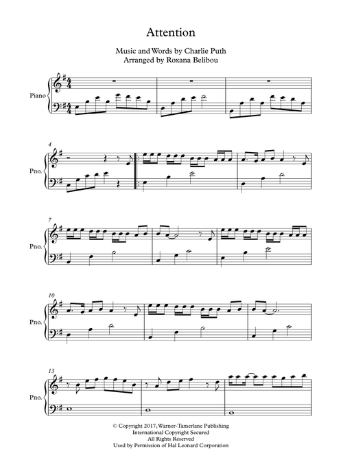 Attention (Arr. Roxana Belibou) - Charlie Puth (Easy Piano)