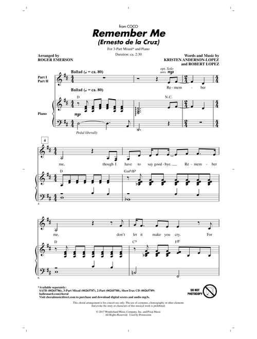 Remember Me (Ernesto de la Cruz) (from Coco) (arr. Roger Emerson) - Kristen Anderson-Lopez & Robert Lopez, Robert Lopez, Kristen Anderson-Lopez (Choral, 3-Part Mixed)