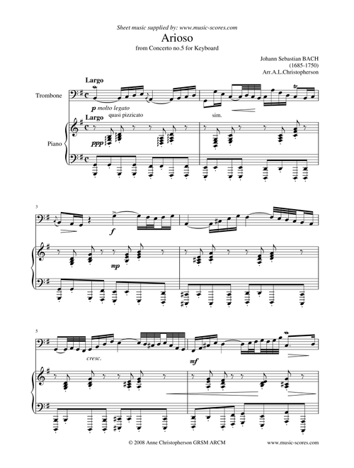 Arioso from Concerto No.5 - Trombone and Piano (Arr. Anne L Christopherson GRSM ARCM) - J S Bach (Trombone and Piano)