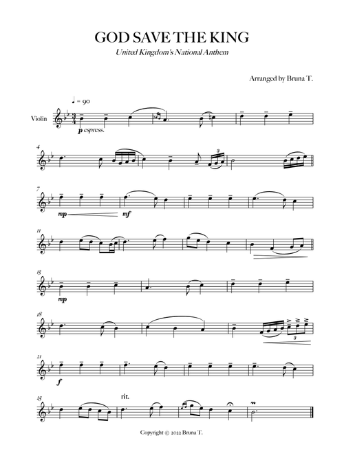 God Save The King (UK National Anthem) (Arr. Bruna T.) - Traditional (Violin Solo)
