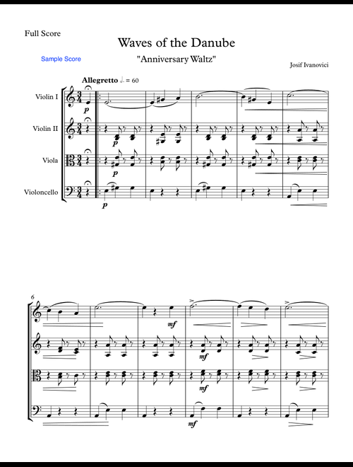 WAVES OF THE DANUBE "Anniversary Waltz" String Quartet, Intermediate Level for 2 violins, viola and (Arr. Sherry Lewis) - Ion Ivanovici (String Quartet)