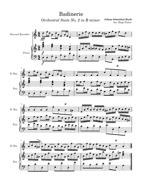 Orchestral Suite No.2 in B minor, BWV 1067, No. 7 Badinerie – Johann Sebastian Bach J.S Bach - Badinerie for Descant Recorder and Piano