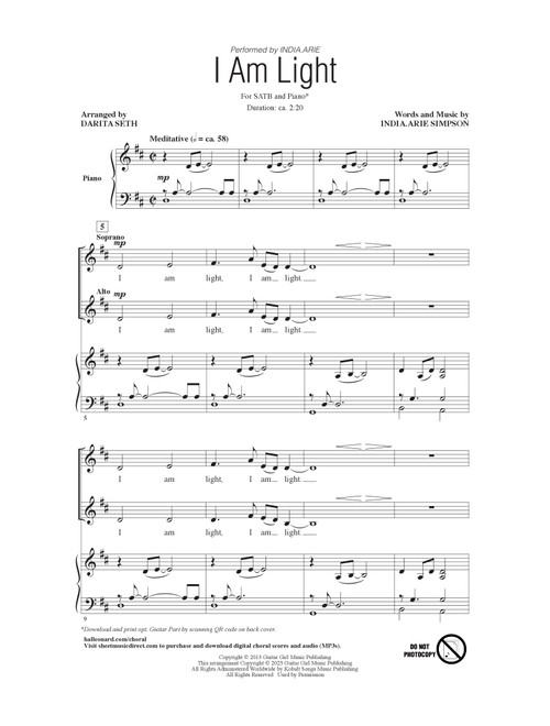 I Am Light (arr. Darita Seth) - IndiaArie (Choral, SATB)