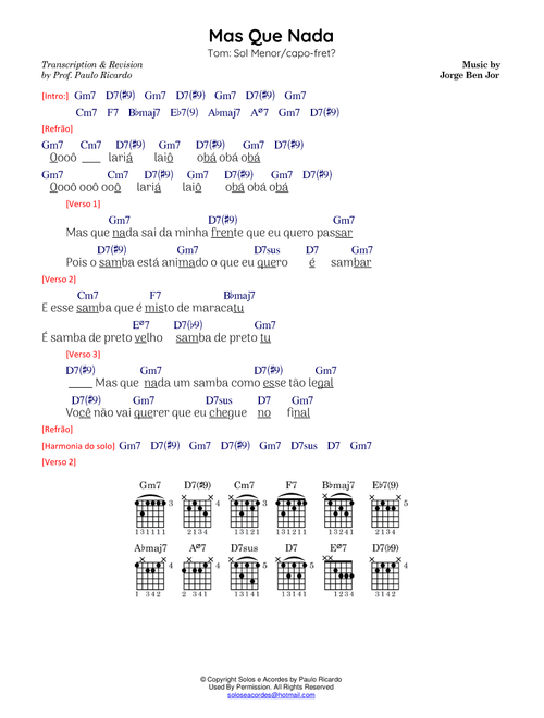 Mas Que Nada (Arr. Paulo Ricardo Machado) - Solos e Acordes (Guitar Chords-Lyrics)