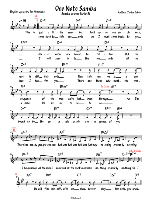 One Note Samba (Lead sheet with lyrics )