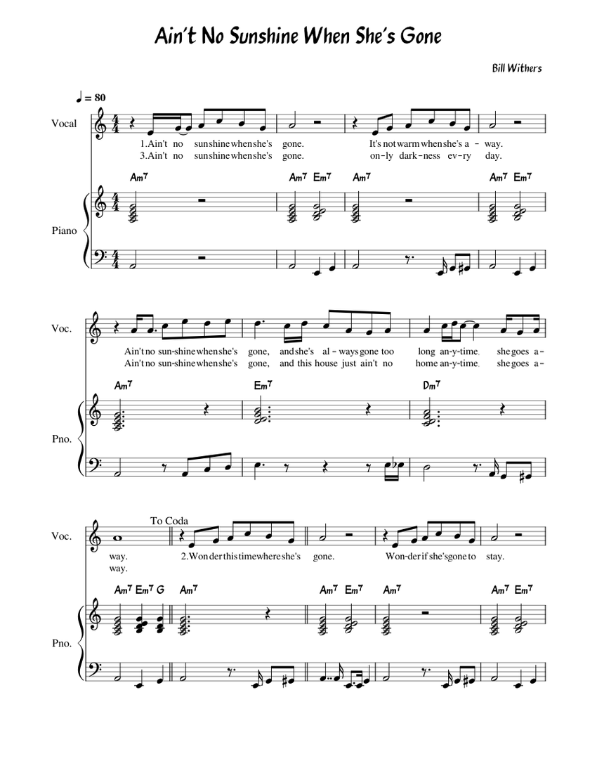 Ain't No Sunshine When She's Gone - Bill Withers Sheet Music with ...