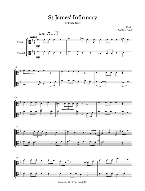 St James' Infirmary. Duet for Viola (Arr. Tim Curd) - trad. (Viola Duet)