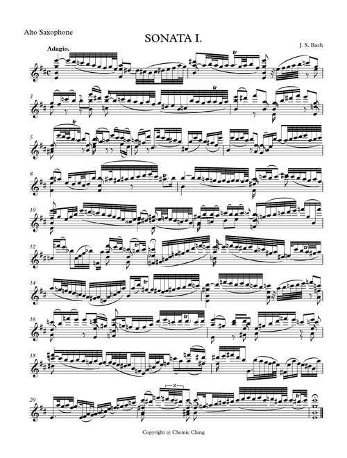 J.S. Bach - Violin Sonata No.1 in G minor, BWV 1001 arranged for Alto Saxophone (Arr. Chemie Ching) - Johann Sebastian Bach (Alto Sax Solo)