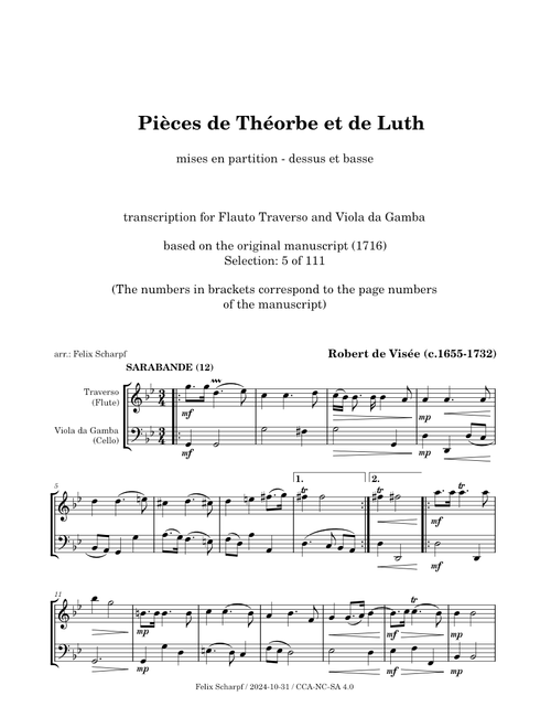 Pieces de Théorbe et de Luth - Robert de Visée - for Flute and Cello (arr.)