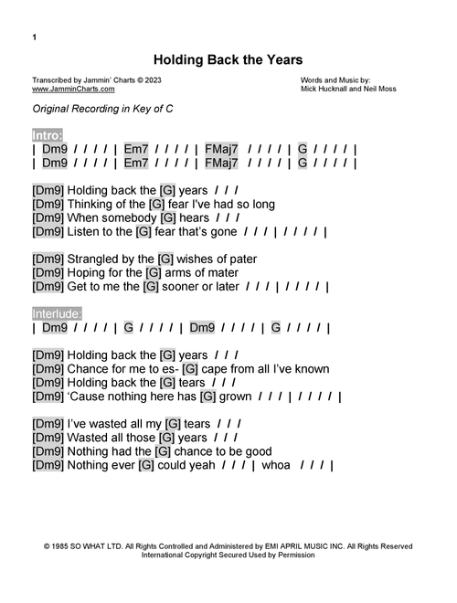 Holding Back The Years (Arr. Jammin' Charts) - Simply Red (Guitar Chords-Lyrics)