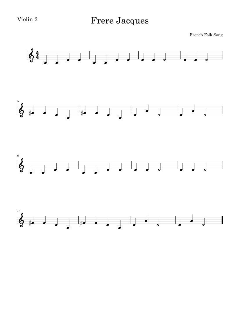 Frere jacques Misc Traditional Frere JacquesViolin 2 Sheet music for