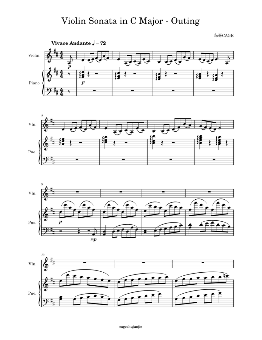Violin Sonata in C Major "Outing" / C大调小提琴奏鸣曲.郊游 - 鸟哥CAGE Sheet music ...