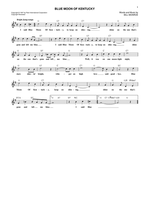 Blue Moon Of Kentucky - Patsy Cline, Elvis Presley (Lead Sheet - Fake Book)