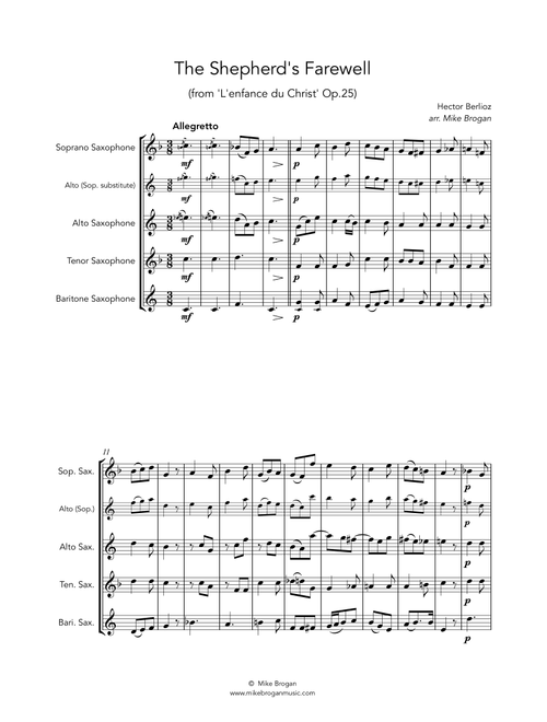 The Shepherd's Farewell, Berlioz - SATB or AATB saxophone quartet (Arr. Mike Brogan) - Hector Berlioz (Woodwind Ensemble)