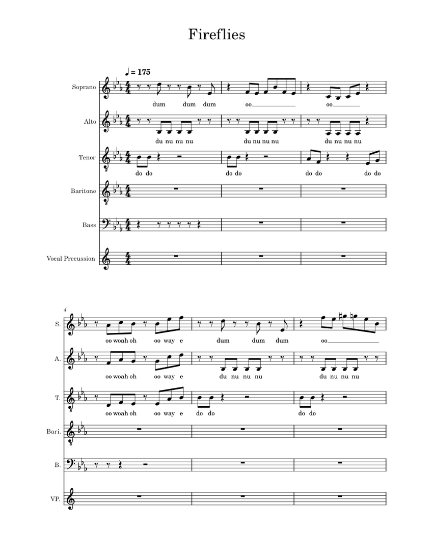 Fireflies Owl City Acappella Arrangement Sheet Music for Piano (A