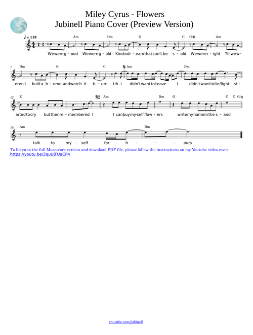 Miley Cyrus - Flowers Sheet Music Chords Lyrics Score