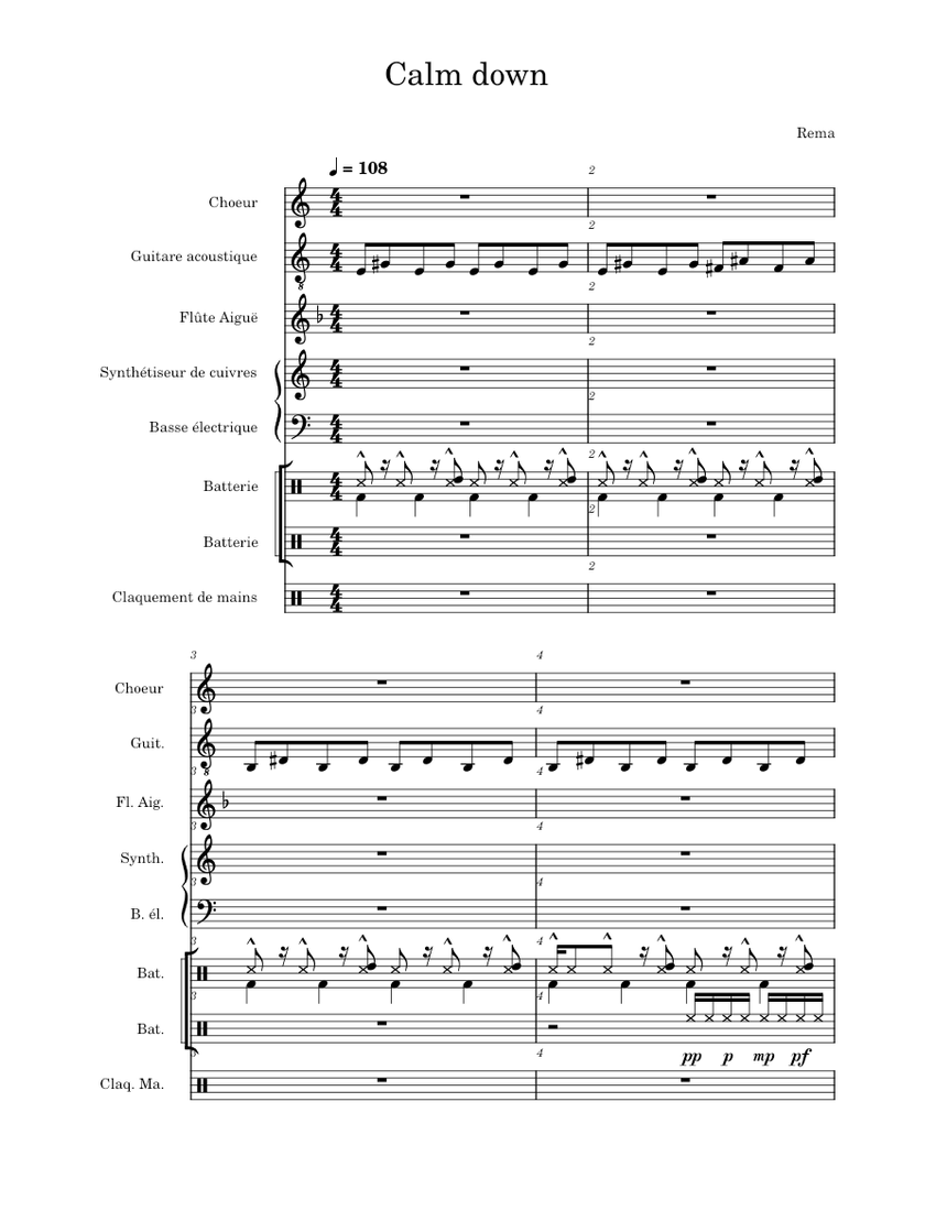 Calm down Rema Sheet music for Flute, Guitar, Bass guitar, Drum group