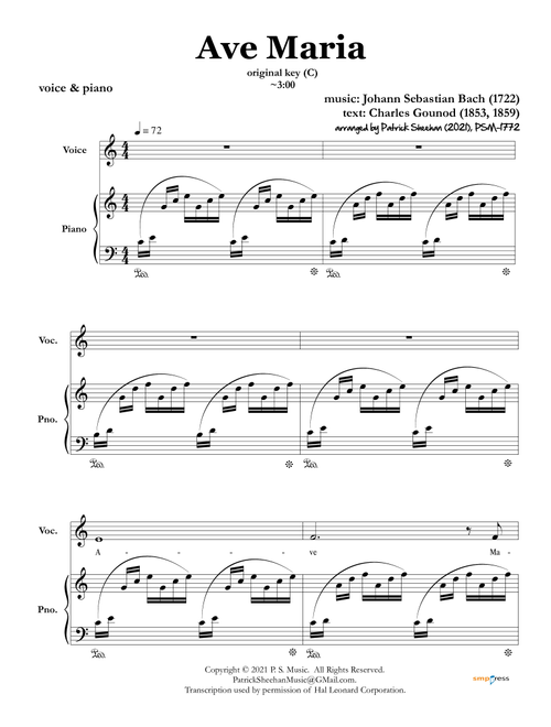 Ave Maria (Bach-Gounod) for voice and piano (Arr. Patrick Sheehan) - Johann Sebastian Bach, Charles Gounod (Piano Vocal)