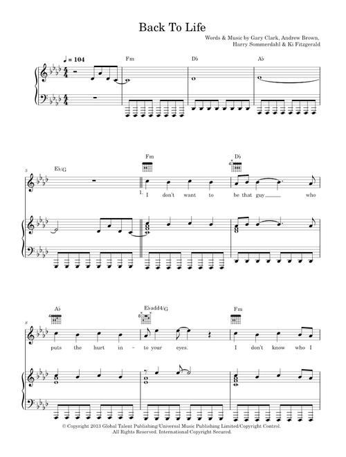 Back to life - Lawson (Piano-Vocal-Guitar (Piano Accompaniment))