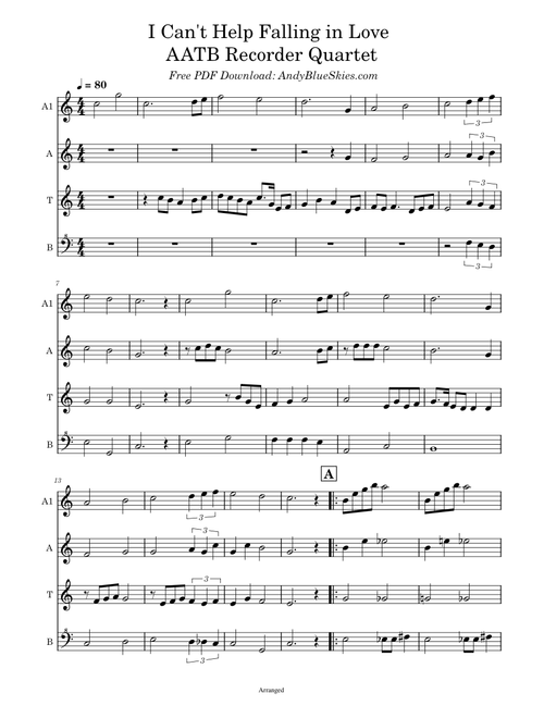 I Can't Help Falling in Love AATB Recorder Quartet