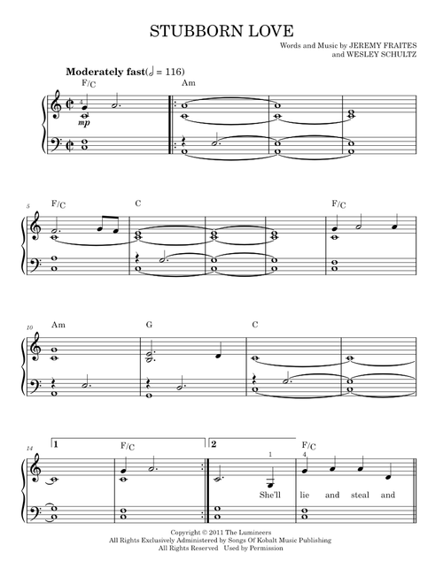 Stubborn love - The Lumineers (Easy Piano)