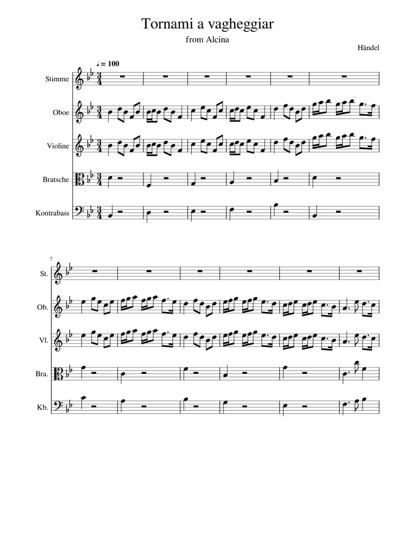 Alcina Tornami a vagheggiar H ndel Sheet Music for Vocals, Oboe, Contrabass, Violin more instruments Mixed Quintet