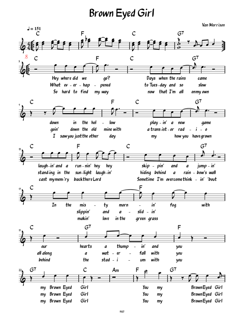 Brown Eyed Girl (Lead sheet with lyrics ) Sheet Music with Chords for Piano  (Solo) easy | MuseScore.com, image size:850x1100
