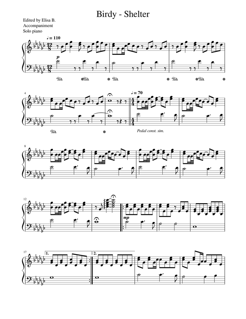 Birdy Shelter Sheet Music For Piano Solo