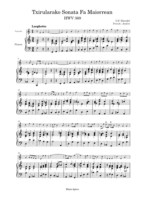 Txirularako Sonata Fa Maiorrean (HWV 369) – G.F. Häendel – Txistu eta Pianorako