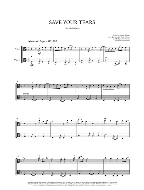 Save Your Tears (Arr. Henrique Oliveira) - The Weeknd (Viola Duet)