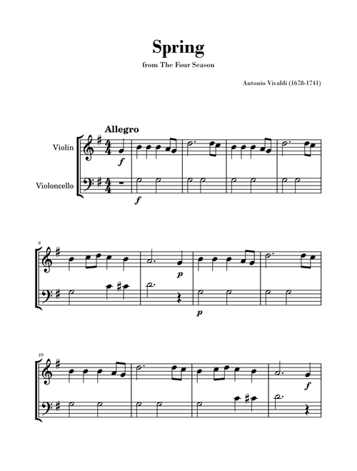 Spring from 'The Four Seasons' by Vivaldi - Easy Violin and Cello Duet (Arr. Gisele Sant'Ana) - Antonio Vivaldi (Instrumental Duet)