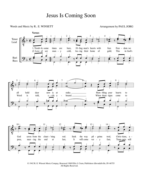 Jesus Is Coming Soon (Arr. Paul A. Jorg) - Robert E. Winsett, R.E. Winsett (Choral, TTBB)