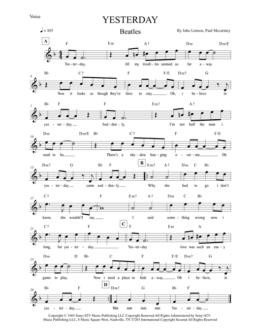 Yesterday (Arr. Leo Silva) - Adam Levine & Tony Lucca (Lead Sheet - Fake Book)