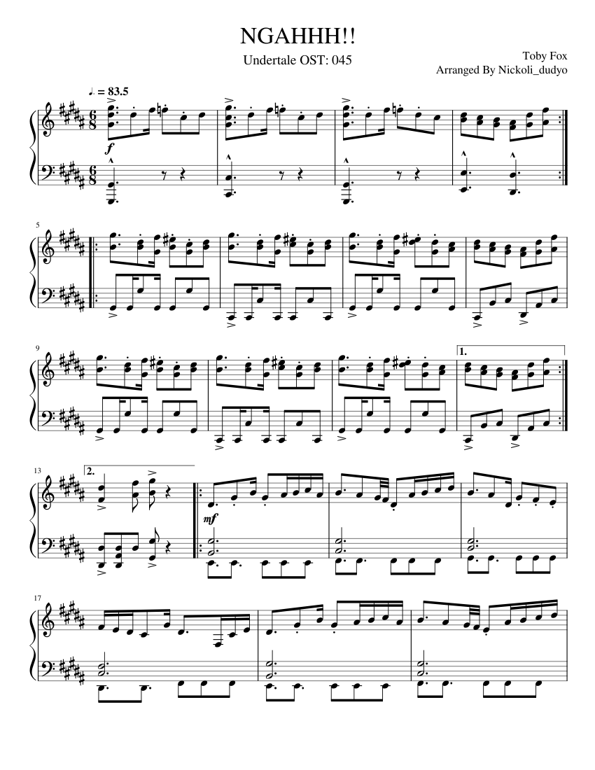 NGAHHH!! -- Undertale OST 045 Sheet Music for Piano (Solo