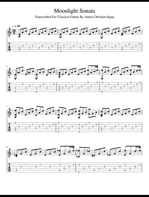 Moonlight Sonata easy tabs for Guitar (Arr. Adam Christian Ingua) - Ludwig Von Beethoven (Easy Guitar with TAB)