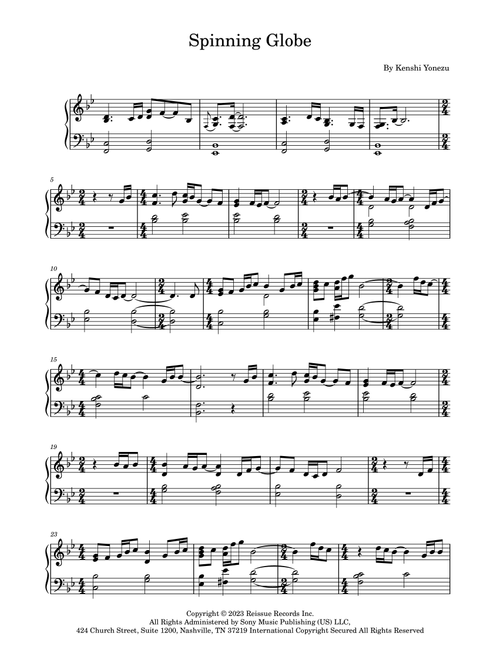 Spinning Globe (Arr. Valerio Estreguin) - Kenshi Yonezu (Easy Piano)